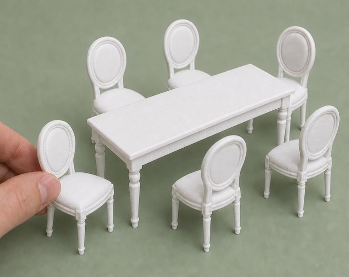 French Country Dollhouse Dining Set – 1:12 Scale Miniature Table & Chairs – Unpainted Dollhouse Furniture