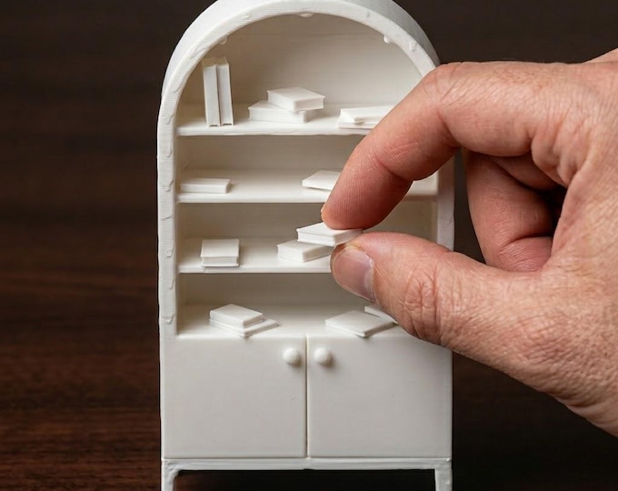 1:12 Scale Arched Bookshelf with 50 Mini Books | Unpainted Miniature Library Furniture