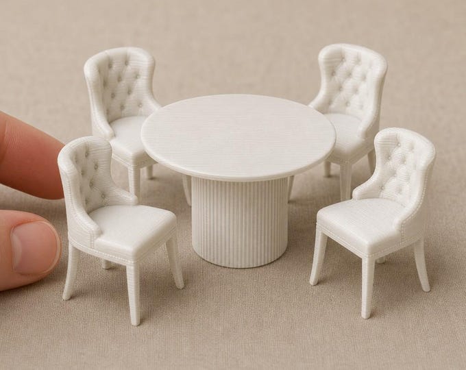 1:12 Scale Round Dining Table & Tufted Chair – Dollhouse Dining Furniture – Unpainted Physical Print