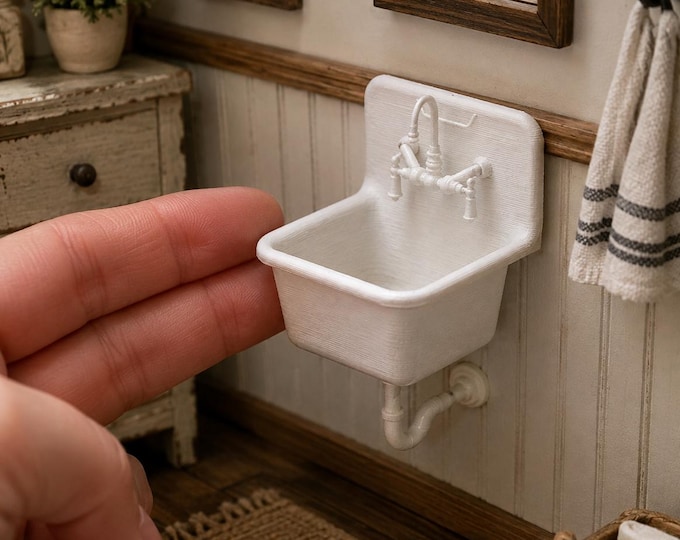 1:12 Scale Miniature Wall-Mounted Sink | Vintage Cast Iron Farmhouse Fixture (3D Printed)