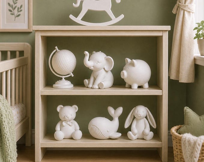 1:12 Scale Nursery Shelf Decor – Teddy Bear, Rabbit, Whale, Rocking Horse (3D Printed)