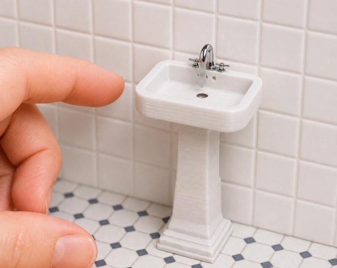Miniature Pedestal Sink | 1:12 Scale Dollhouse Bathroom Sink | 3D Printed Bathroom Fixture