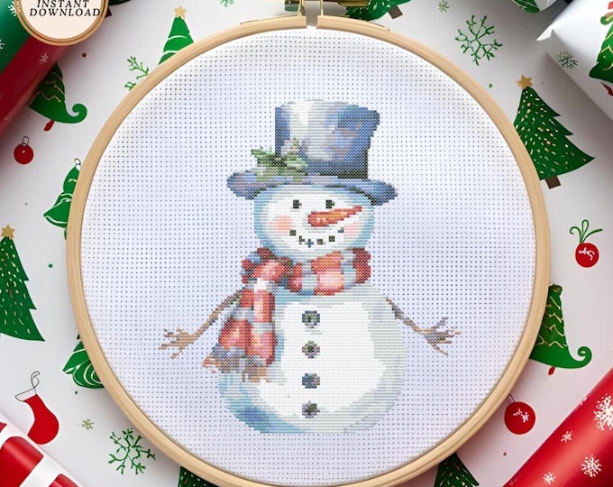 Classic Watercolor Snowman Cross Stitch Pattern | Cozy Winter Decor | Instant Download