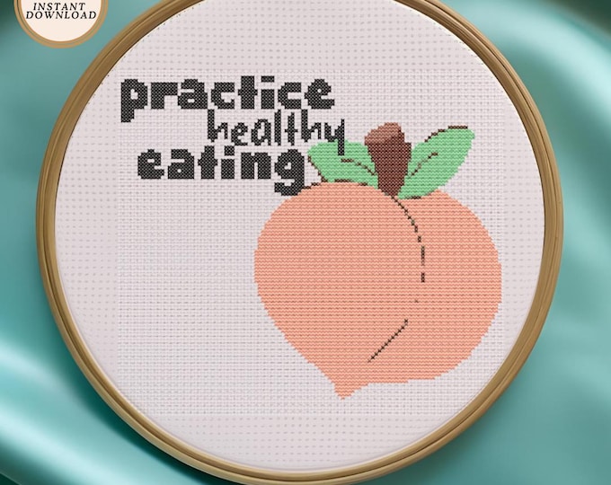 Practice Healthy Eating" – Peach Cross Stitch Pattern – PDF INSTANT DOWNLOAD
