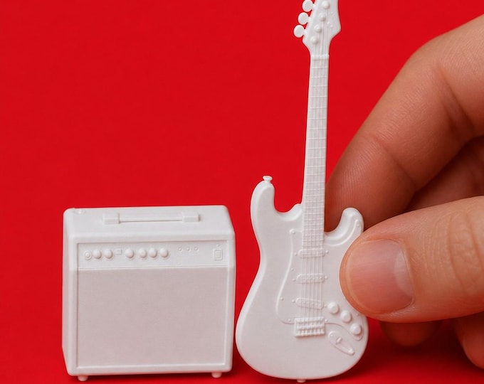 1:12 Scale Dollhouse Electric Guitar & Amplifier Set – Physical 3D Printed Miniature – Unpainted