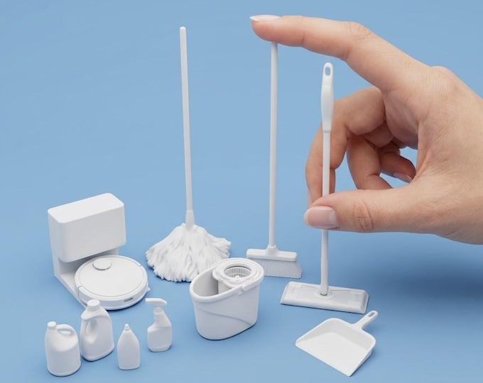 1:12 Scale Dollhouse Cleaning Set – Miniature Mop, Broom, Vacuum, Bottles (Unpainted)