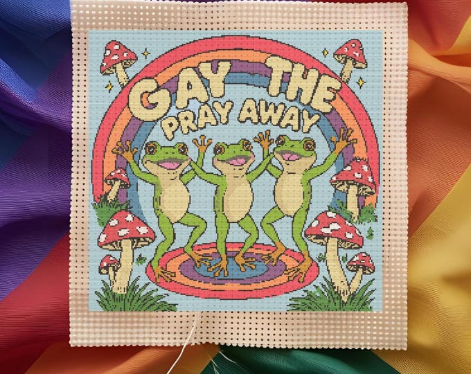 Gay the Pray Away – Dancing Frogs Under a Rainbow Cross Stitch Pattern | DIGITAL DOWNLOAD