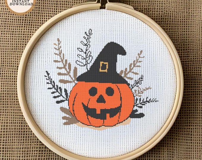 Witchy Pumpkin Cross Stitch Pattern | Digital Download | Cozy Autumn Halloween Decor