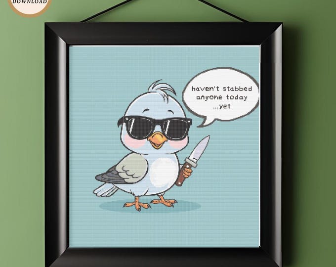 Stabby Pigeon Cross Stitch Pattern Funny Digital Download  Cartoon Pigeon with Knife Embroidery Design