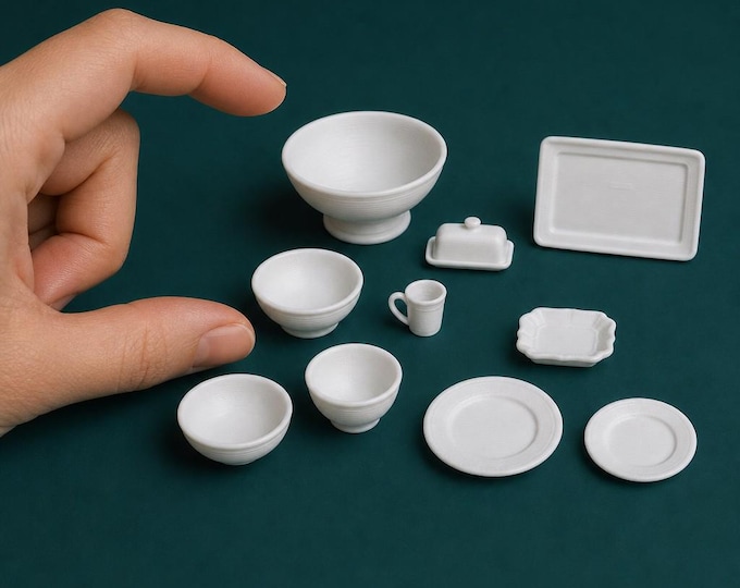 1:12 Scale Dollhouse Stoneware Dinnerware – Farmhouse Miniature Plates, Bowls, Mugs, Serving Ware
