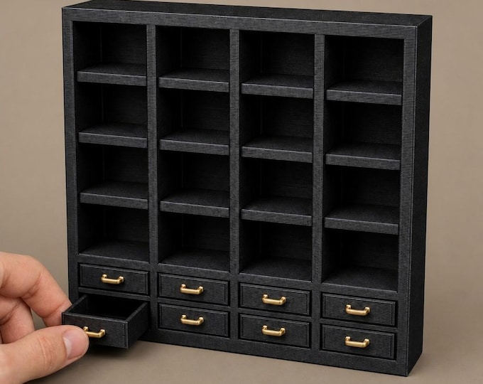 1:12 Scale Dollhouse Bookshelf with Drawers – Miniature Storage Cabinet Unpainted Furniture