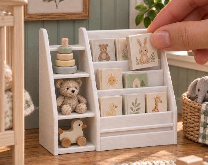 1:12 Scale Montessori Bookshelf | Dollhouse Nursery Furniture, Unpainted Print