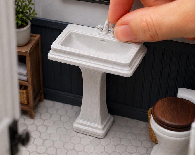 1:12 Scale Miniature Pedestal Sink | 3D Printed Dollhouse Bathroom Fixture (Unpainted)