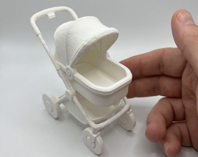 1:12 Scale Dollhouse Stroller – Unpainted Miniature Modern Pram | 3D Printed Display Accessory