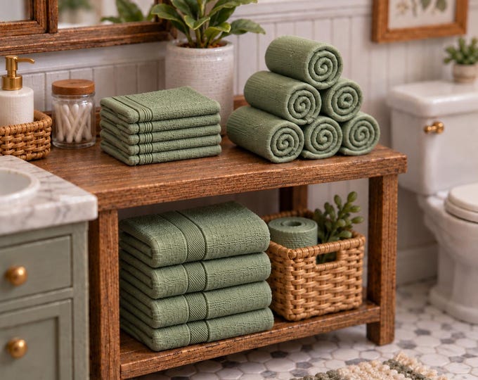 1:12 Scale Dollhouse Bath Towels – Stacked or Rolled Miniature Towels