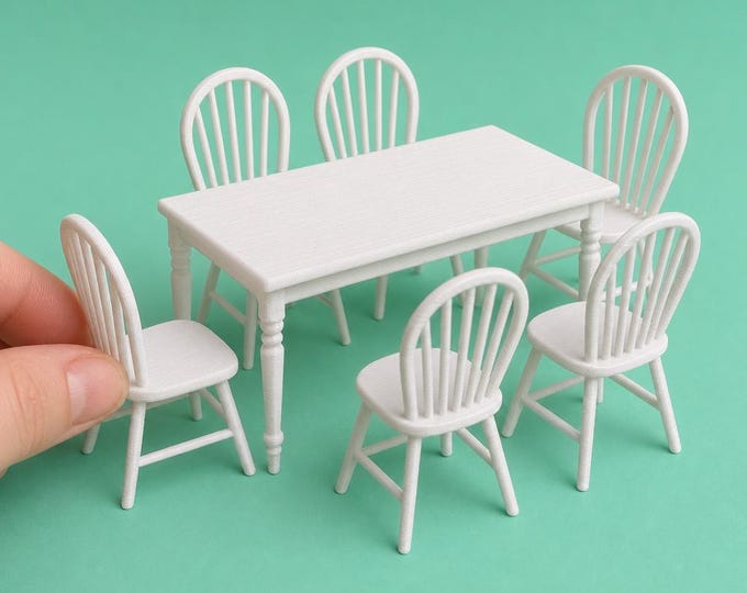 Farmhouse Windsor Dollhouse Dining Set – 1:12 Scale Miniature Table & Chairs – Unpainted Dollhouse Furniture