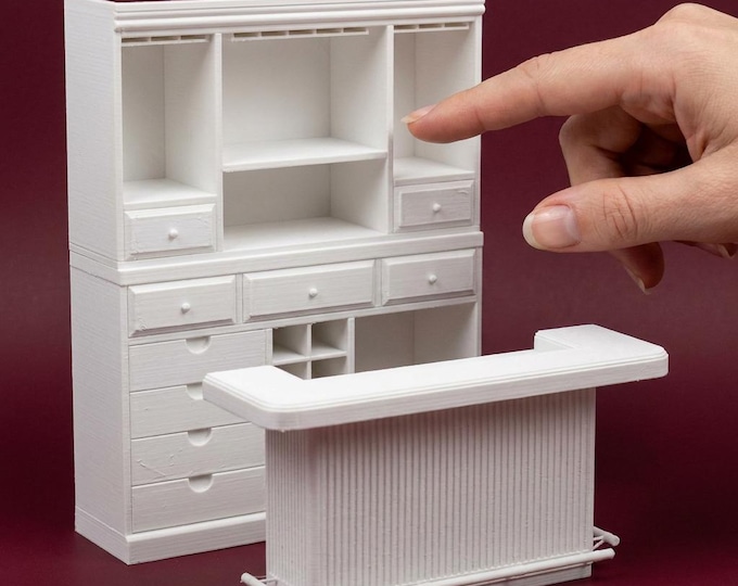 1:12 Scale Miniature Bar & Bar Shelf | 3D Printed Dollhouse Furniture (White Filament)