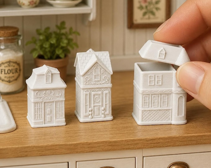 Set of 3 Village Style Canisters – 1:12 Scale Dollhouse Storage Jars (Unpainted Physical Print)