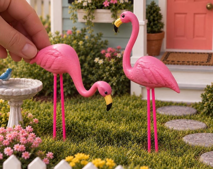 1:12 Scale Miniature Lawn Flamingos – 3D Printed Dollhouse Garden Decor (Painted or Unpainted)