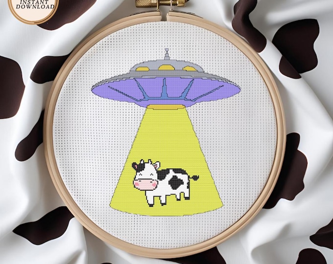 Cow Abduction Cross Stitch Pattern | Digital Download | UFO Alien Abduction | Cute Cow Stitching