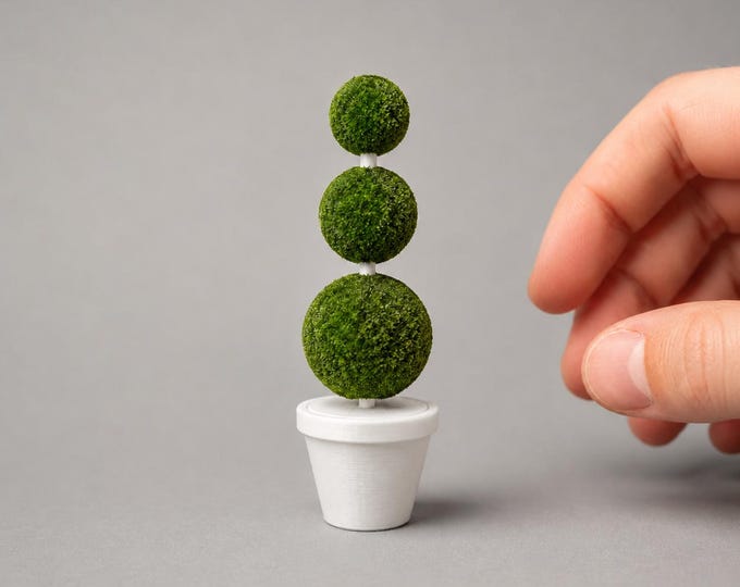 1:12 Scale Flocked Topiary Tree – Triple Ball Dollhouse Plant in Planter