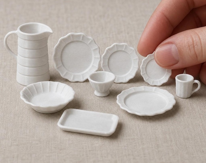 1:12 Scale Embossed Dishware Set – Miniature Dollhouse Dinnerware Collection