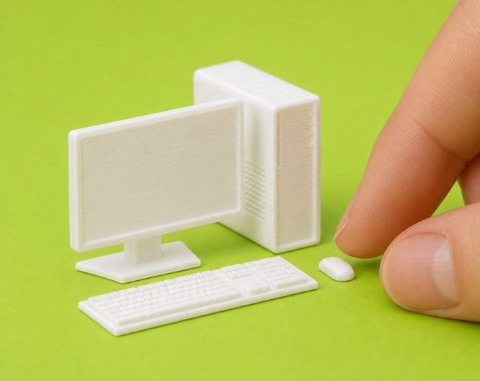 1:12 Scale Dollhouse Desktop Computer Set – Physical 3D Printed Miniature – Unpainted