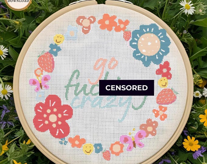 Go F&#king Crazy Floral Wreath Cross-Stitch Pattern | Digital Download