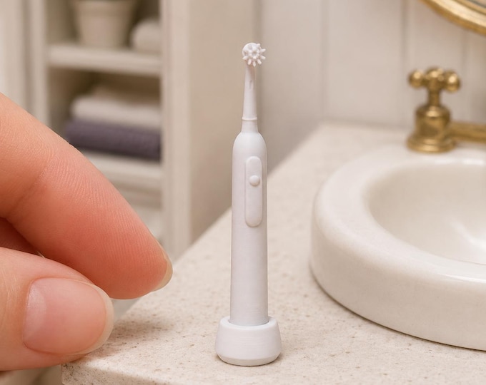 Miniature Electric Toothbrush with Stand | 1:12 or 1-6 Scale Dollhouse Bathroom | 3D Printed Bathroom Accessory