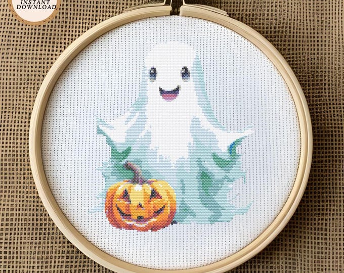 Adorable Watercolor Ghost with Jack-O'-Lantern Cross Stitch Pattern | Spooky Cute Halloween Decor | Digital PDF Download