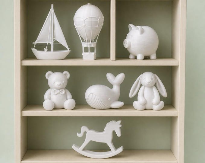 1:12 Scale Nursery Shelf Decor – Teddy Bear, Rabbit, Whale, Rocking Horse (3D Printed)