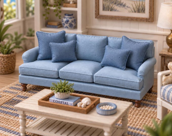 1:12 Scale Hand-Painted Miniature Sofa | Coastal Dollhouse Furniture (Separate Pillows)