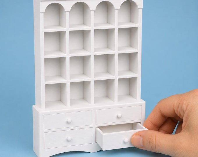 1:12 Scale Dollhouse Hutch Cabinet – 3D Printed Miniature Display with Drawers (Unpainted)