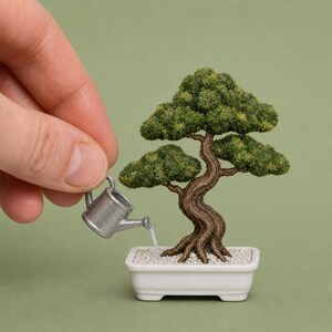 May include: A miniature bonsai tree with a textured brown trunk and green foliage, planted in a small white rectangular ceramic pot filled with white pebbles. A tiny silver watering can is tilted, pouring a thin stream of water onto the pebbles.