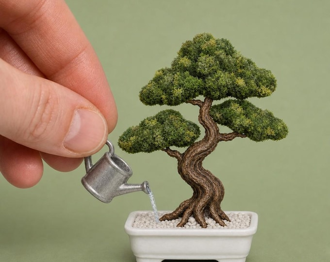 Miniature Tabletop Bonsai Tree – 1:12 Scale Dollhouse Décor – Hand-Flocked Foliage – Hand-Painted Trunk