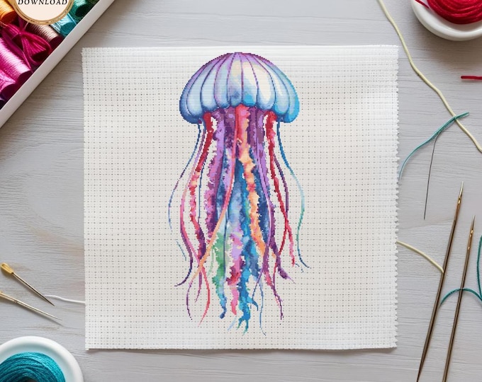 Watercolor Jellyfish Cross Stitch Pattern | Elegant Ocean-Inspired Embroidery Design | DIGITAL DOWNLOAD