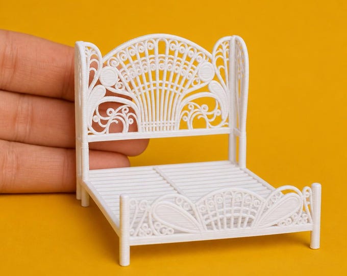 1:12 Scale Rattan Queen Bed Frame – Dollhouse Bedroom Furniture – Physical Miniature Print