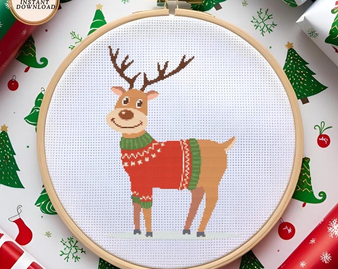 Adorable Reindeer in Christmas Sweater Cross Stitch Pattern | Instant Download PDF