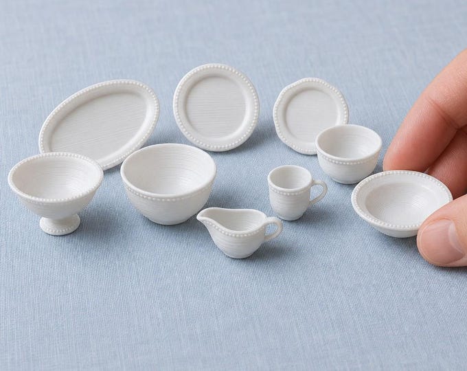 1:12 Scale Dollhouse Dinnerware Set – Miniature Plates, Bowls, Mugs – Unpainted Collection