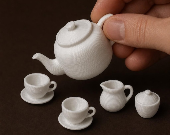 1:12 Scale Dollhouse Tea Set – Unpainted Miniature Teapot, Cups, Saucers, Creamer, Sugar Bowl