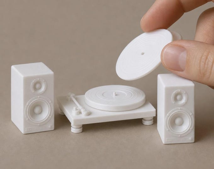 1:12 Scale Dollhouse Record Player Set with Speakers, Vinyl Records (Physical 3D Print)