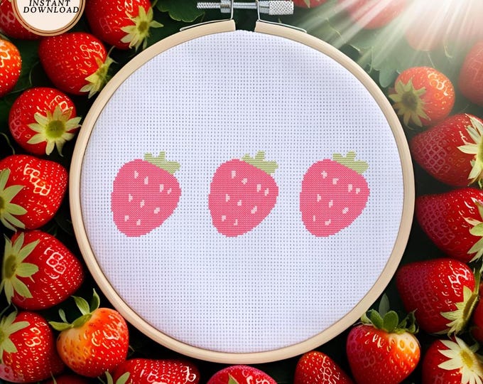 Three Cute Strawberries in a Row – Cross Stitch Pattern | Instant PDF Download
