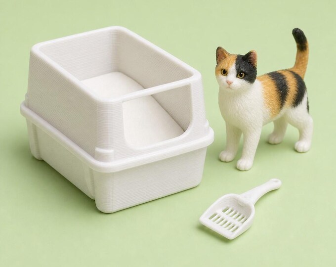 1:12 Scale Dollhouse Cat Litter Box & Scoop | 3D Printed Pet Accessory (Includes Sand)