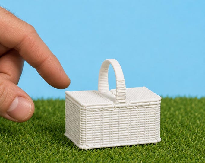 Miniature Picnic Basket – 1:12 Scale Dollhouse Accessory – 3D Printed – Unpainted – Tiny Woven Basket
