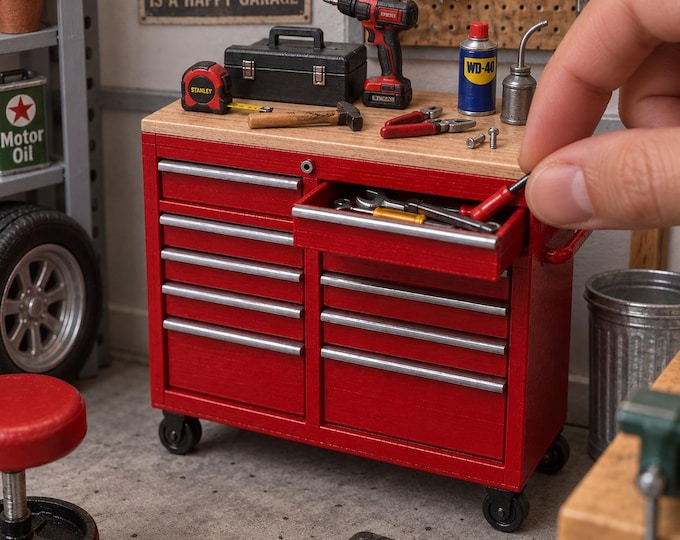1:12 Scale Miniature Rolling Tool Chest | Dollhouse Garage Toolbox (3D Printed)