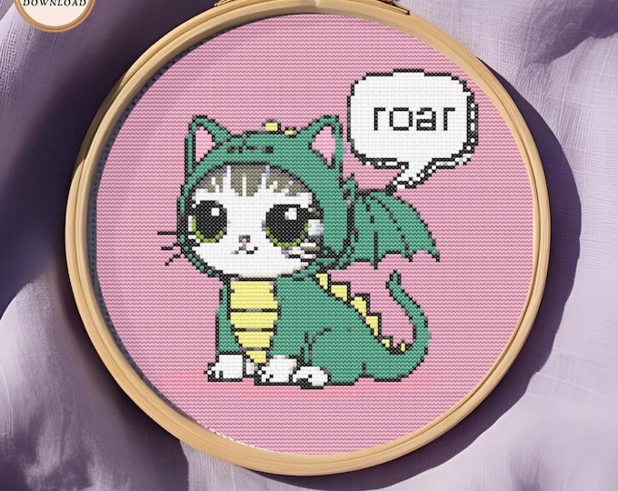 Roar! Cute Cat in a Dragon Costume Cross Stitch Pattern | Digital Download