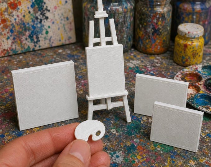 1:12 Scale Dollhouse Artist Studio Accessories – Easel, Canvas, Paint Palette (Unpainted)