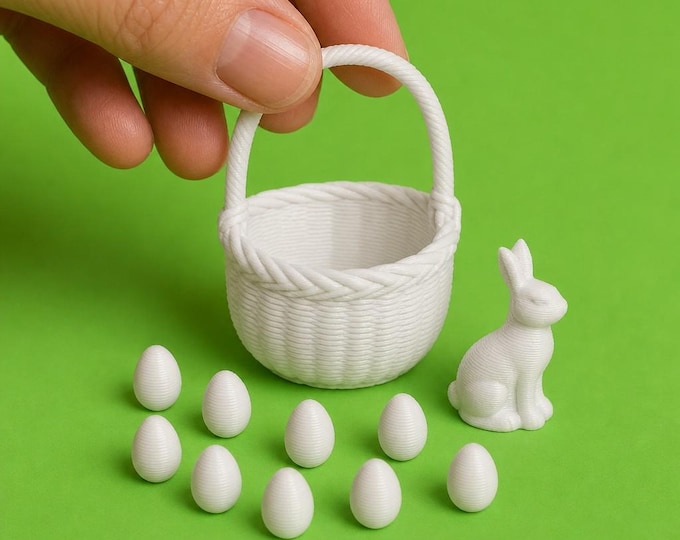 1:12 Scale Easter Basket Set – Miniature Eggs, Chocolate Bunny (Unpainted)