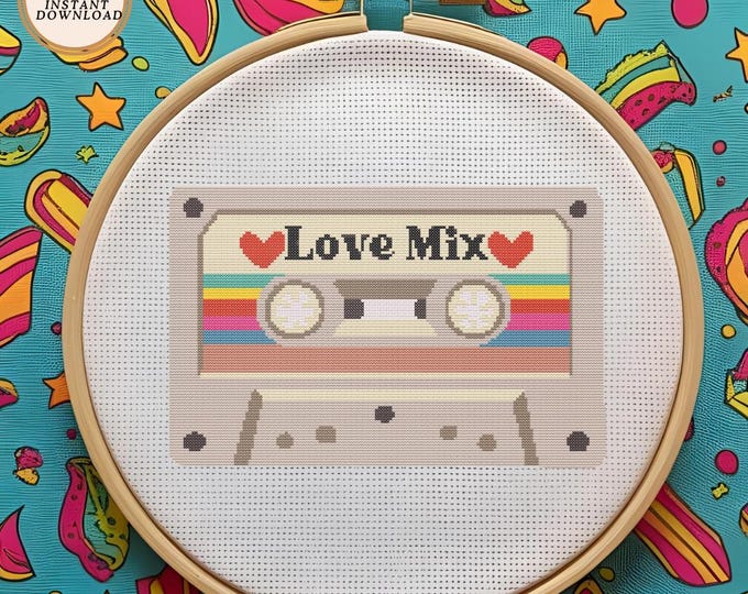 Retro "Love Mix" Cassette Tape Cross Stitch Pattern | Digital Download | 80s Rainbow Vibes