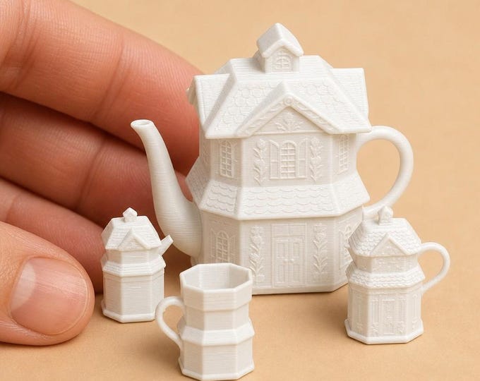 Village Style Miniature Tea Set – 1:12 Scale Dollhouse Decor (Unpainted Physical Print)